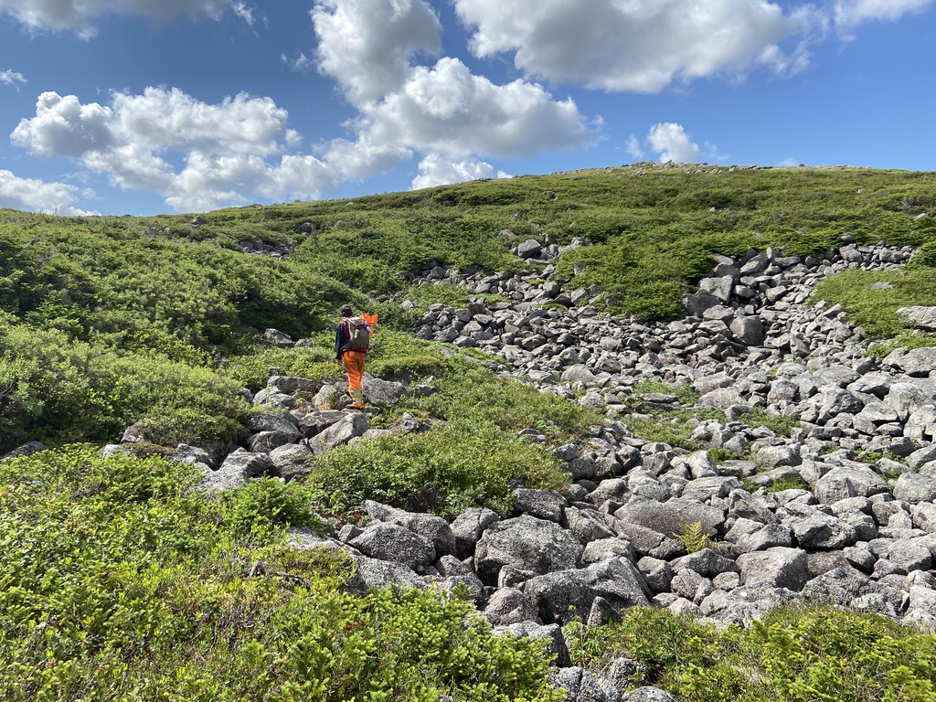 Field technician hiking over some boulders